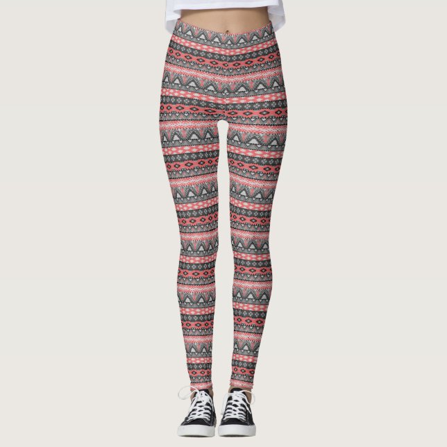 Niedlich-graue Aztec Muster Design Krawatte Leggings (Vorderseite)