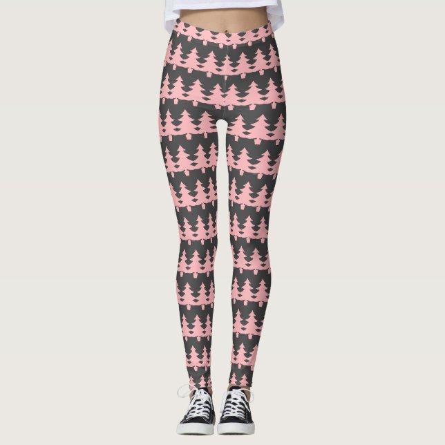 Niedlich Graue, rosa Weihnachtsbaumen Muster Fraue Leggings (Vorderseite)