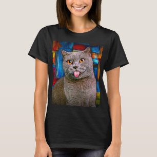 Niedlich Gray British Shorthair Cat Portrait Paint T-Shirt