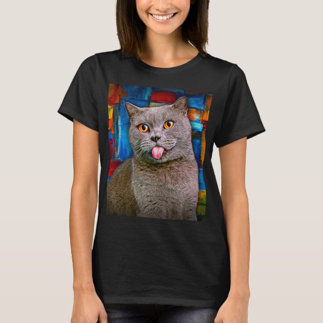 Niedlich Gray British Shorthair Cat Portrait Paint T-Shirt (Vorderseite)
