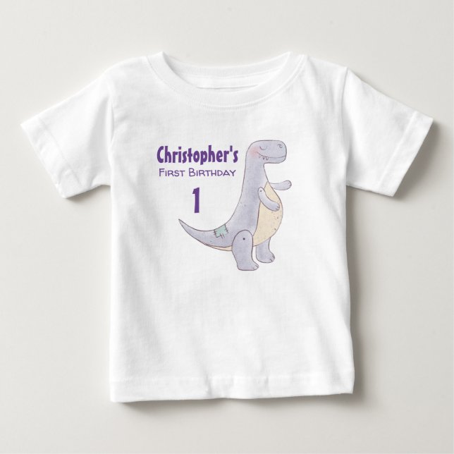 Niedlich Gray Dinosaur Toy Watercolor 1. Geburtsta Baby T-shirt (Vorderseite)
