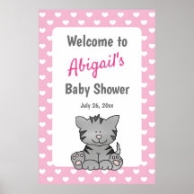 Niedlich Gray Kitten and Hearts Girl Baby Dusche