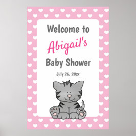 Niedlich Gray Kitten and Hearts Girl Baby Dusche Poster