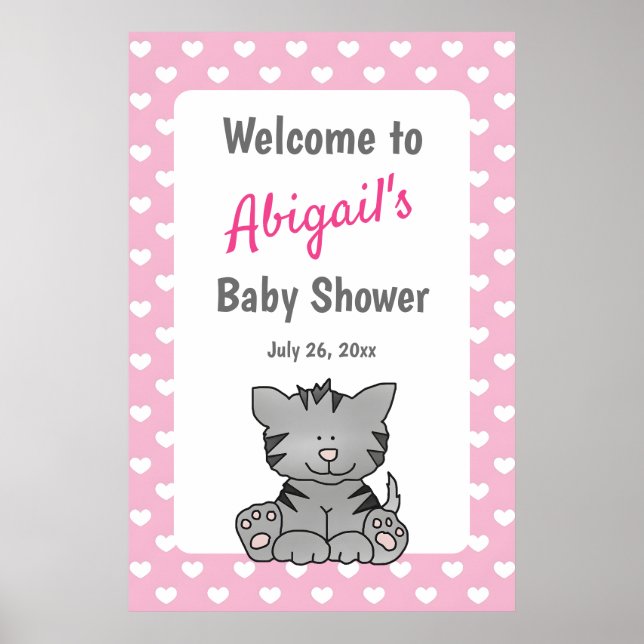 Niedlich Gray Kitten and Hearts Girl Baby Dusche Poster (Vorne)