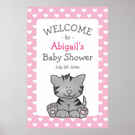 Niedlich Gray Kitten and Hearts Girl Baby Dusche Poster