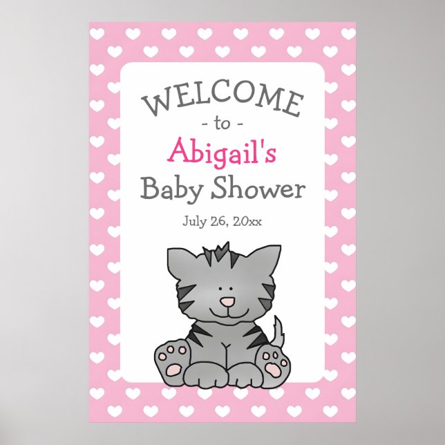Niedlich Gray Kitten and Hearts Girl Baby Dusche Poster (Vorne)