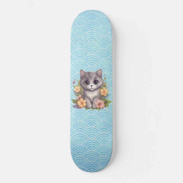 Niedlich Gray Kitten Kawaii Skateboard (Vorderseite)