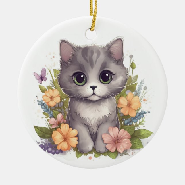 Niedlich Gray Kitten Keramik Ornament (Vorne)