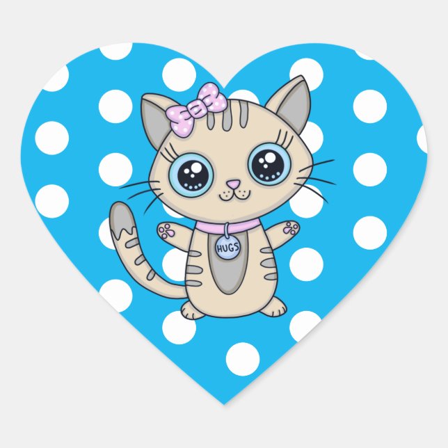 Niedlich Gray Kitty Cat Blue Polka Dot personalisi Herz-Aufkleber (Vorderseite)