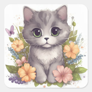 Niedlich Gray Kitty mit Blume Chibi Kawaii Quadratischer Aufkleber