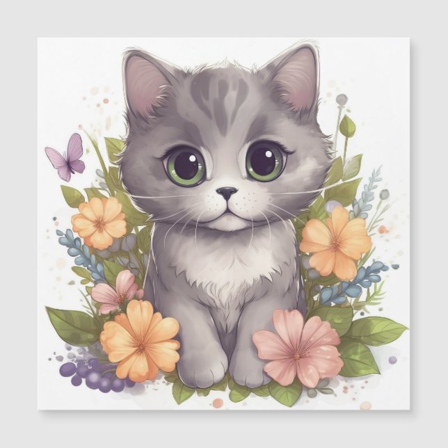 Niedlich Gray Kitty mit Blume Kawaii Chibi Magnetkarte (Vorderseite)