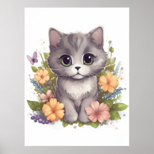 Niedlich Gray Kitty mit Blume Kawaii Chibi Poster