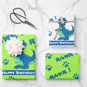 Niedlich Green Blue Dinosaur Paw Rawr Geschenk Geschenkpapier Set