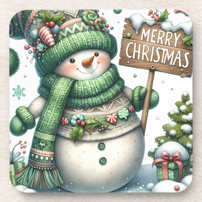 Niedlich Green Christmas Snowman Getränkeuntersetzer (Vorderseite)