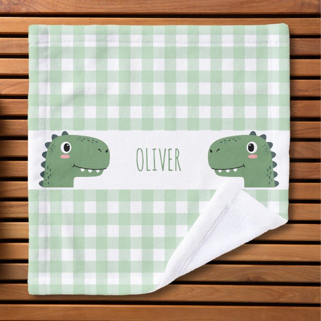 Niedlich Green Dinosaur Head Gingham Name Waschlappen (Von Creator hochgeladen)