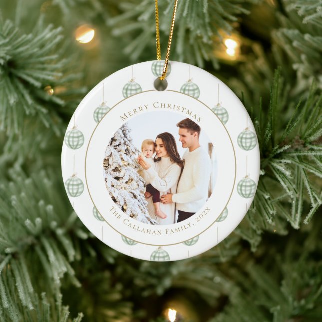 Niedlich Green Gingham Kariert Custom Foto Christm Keramik Ornament (Baum)
