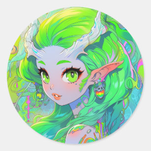 Niedlich Green Horned Wood Elf Anime Girl Runder Aufkleber