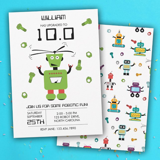 Niedlich Green Robot Theme Kids Roboter Geburtstag Einladung (Cute Green Robot Theme Kids Robots Birthday Party Invitation)