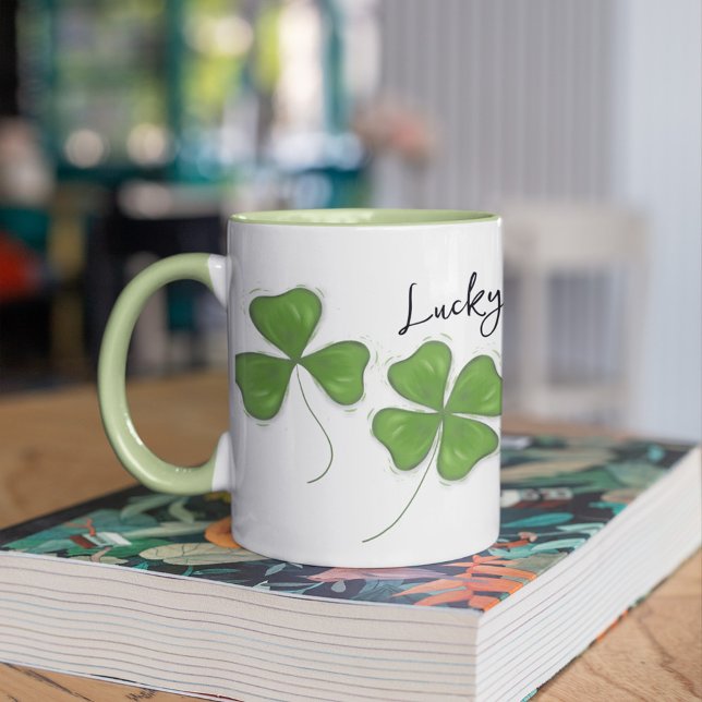 Niedlich Green Vierblättriges Kleeblatt Personalis Tasse (Four leaf clover two toned custom mug)