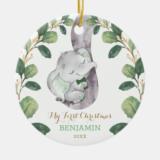 Niedlich Greenery Baby Elephant Erste Weihnachtsfe Keramik Ornament (Vorne)