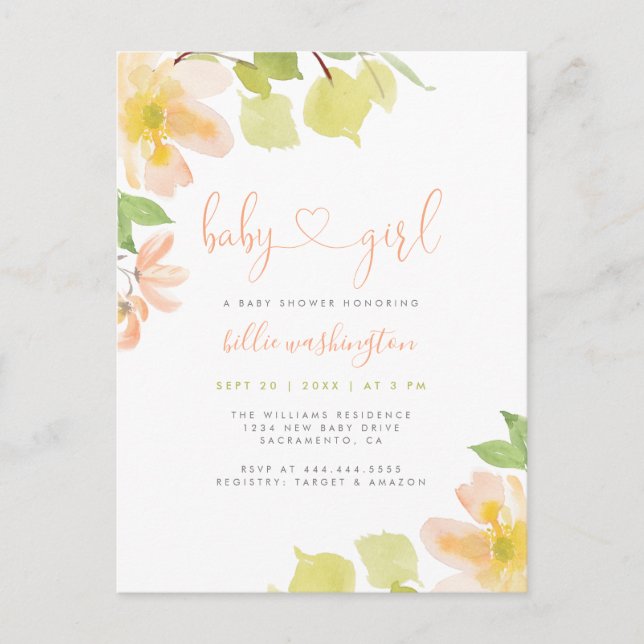 Niedlich Greenery Blush Blumenschrift Girl Baby Sh Einladungspostkarte (Vorderseite)