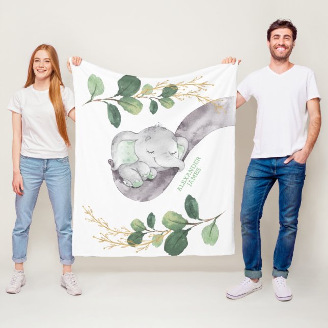 Niedlich Greenery Gold Baby Elephant Boy Kinderzim Fleecedecke (Beispiel)