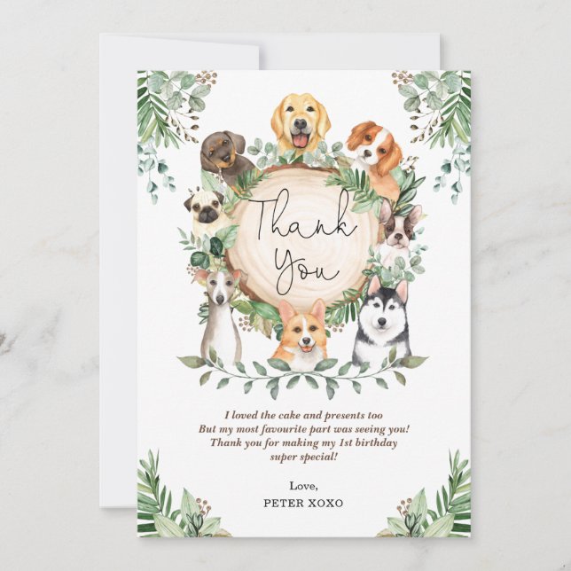 Niedlich Greenery Welpe Hund Geburtstag Vielen Dan Dankeskarte (Vorderseite)