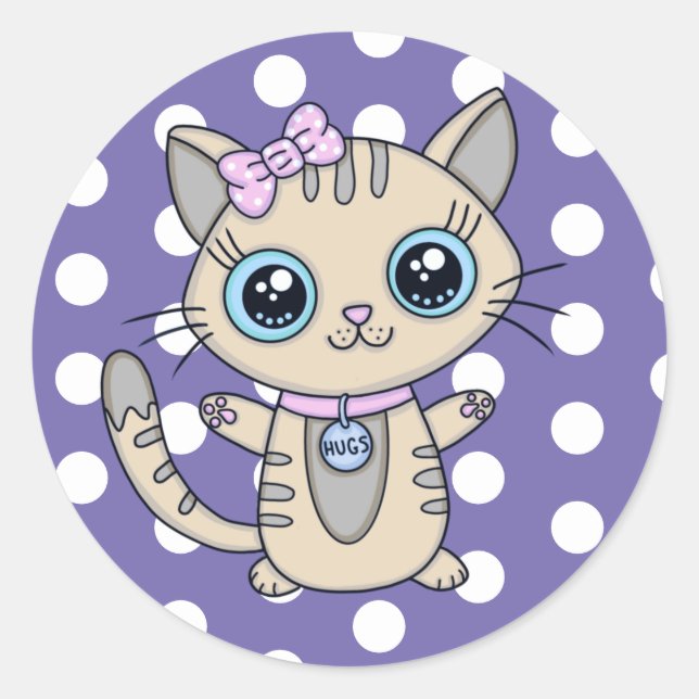 Niedlich Grey Kitty Cat lila Polka Dot personalisi Runder Aufkleber (Vorderseite)