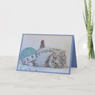 Niedlich Grey Tabby Cat Kitten Art Blue Greetings  Karte