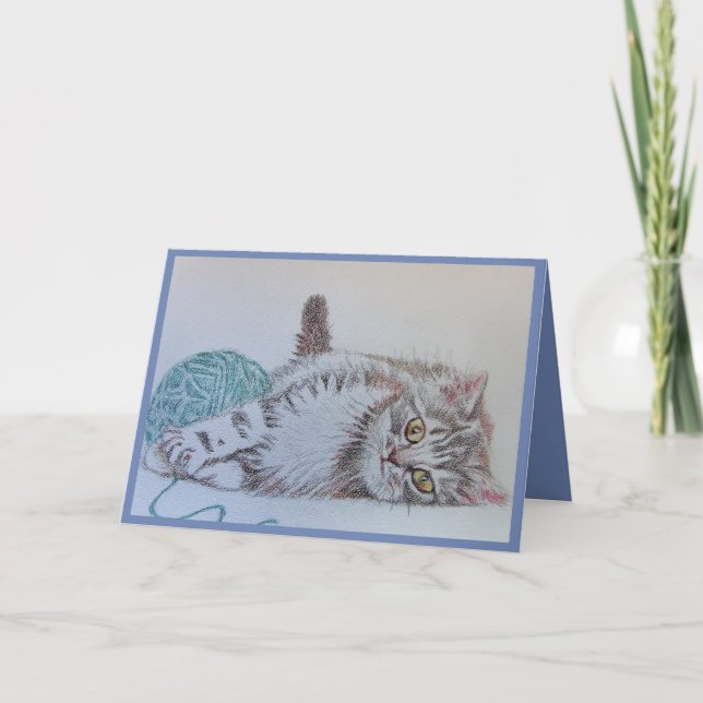 Niedlich Grey Tabby Cat Kitten Art Blue Greetings  Karte (Vorderseite)