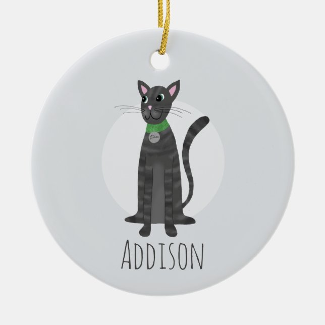 Niedlich Grey Tabby Cat Paw Prints Happy Holiday Keramik Ornament (Vorne)