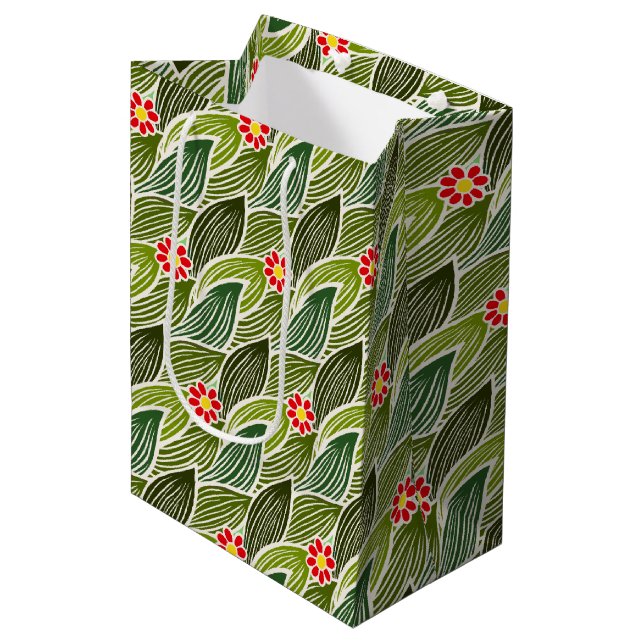 Niedlich Groovy Hippie Red Green Daisy Blumenmuste Mittlere Geschenktüte (Vorderseite Schrägansicht)