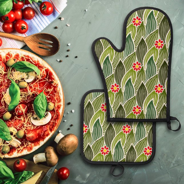 Niedlich Groovy Hippie Red Green Daisy Blumenmuste Ofenhandschuh & Topflappen-Set (Von Creator hochgeladen)