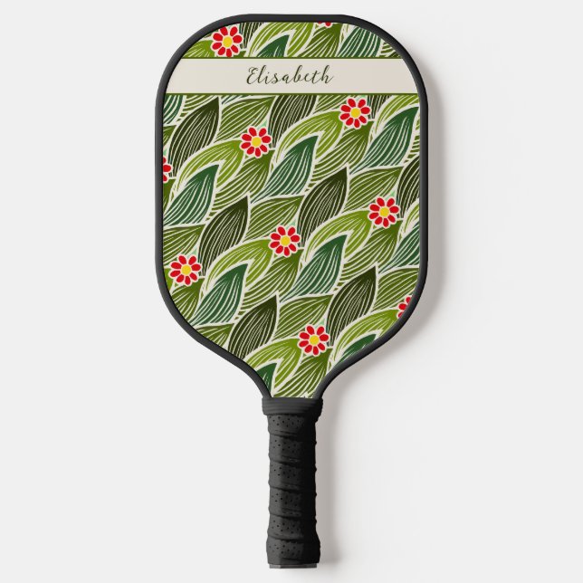 Niedlich Groovy Hippie Red Green Daisy Blumenmuste Pickleball Schläger (Vorderseite)