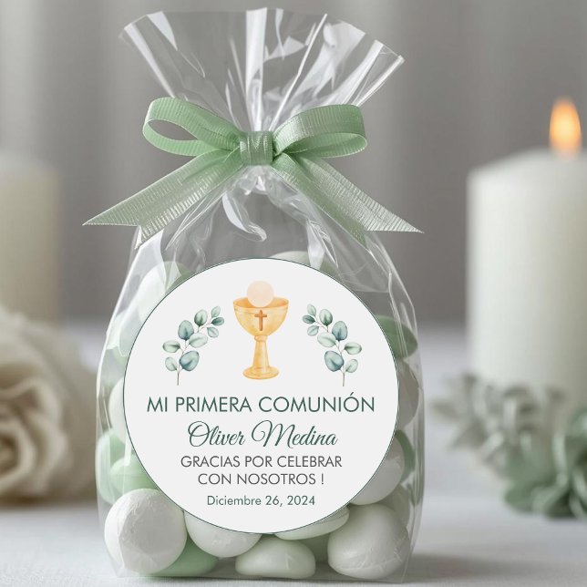 Niedlich Grüne Blätter Erste Kommune Spanisch Runder Aufkleber (Von Creator hochgeladen)