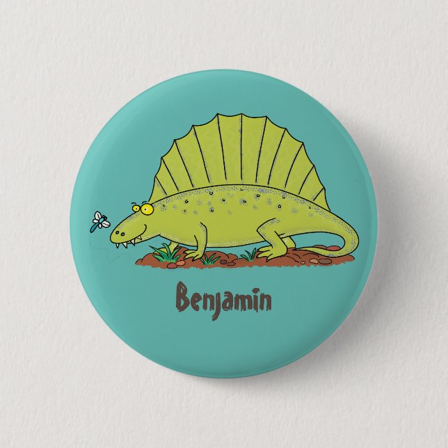 Niedlich-grüne Dimetrodon-Cartoon Button (Vorderseite)
