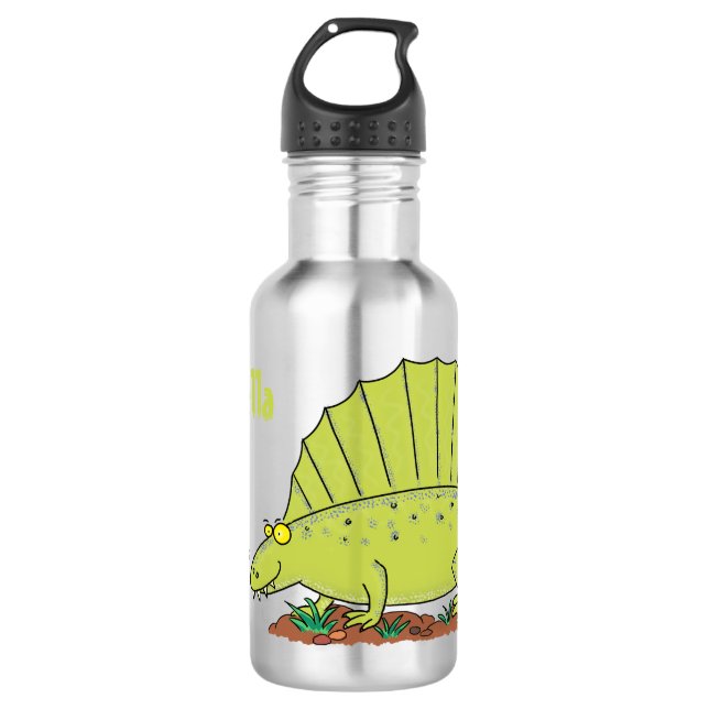 Niedlich-grüne Dimetrodon-Cartoon Edelstahlflasche (Vorderseite)