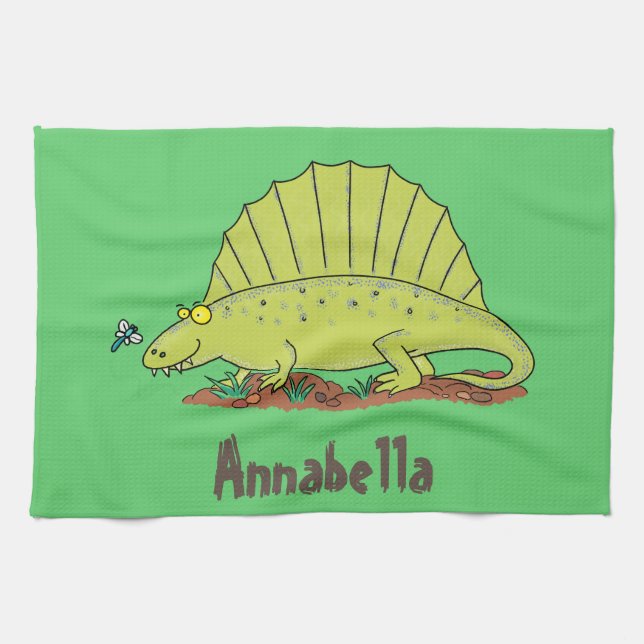 Niedlich-grüne Dimetrodon-Cartoon Geschirrtuch (Horizontal)