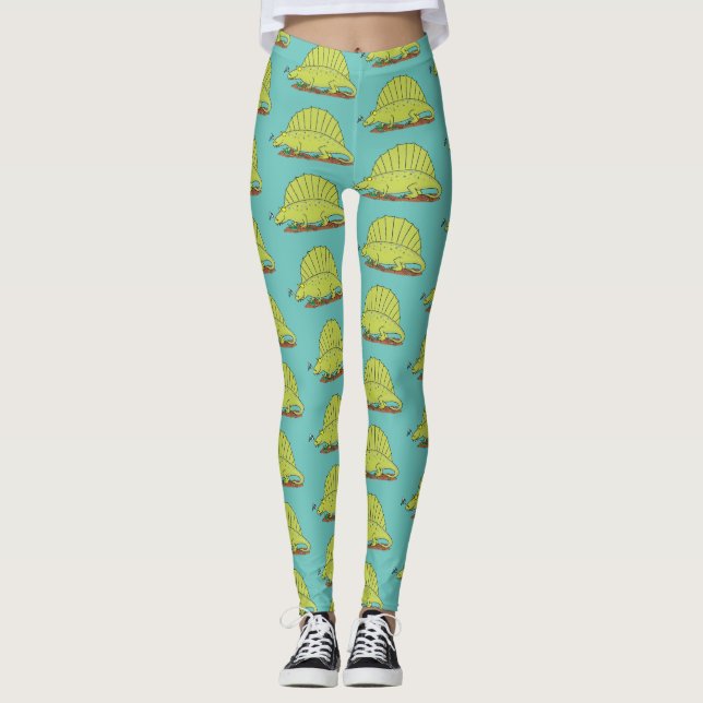 Niedlich-grüne Dimetrodon-Cartoon Leggings (Vorderseite)