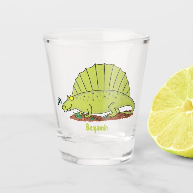 Niedlich-grüne Dimetrodon-Cartoon Schnapsglas (Vorderseite)