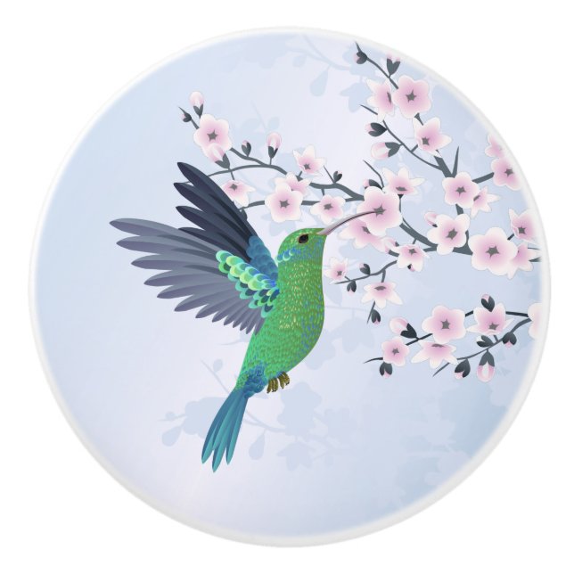 Niedlich-Grüner Hummingbird Cherry Blossom Keramikknauf (Vorderseite)