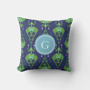 Niedlich-grünes blaues Ikat-Stammmuster-Monogramm Kissen