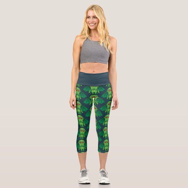 Niedlich grünes Cthulhu-Monster Capri Leggings (Vorderseite)