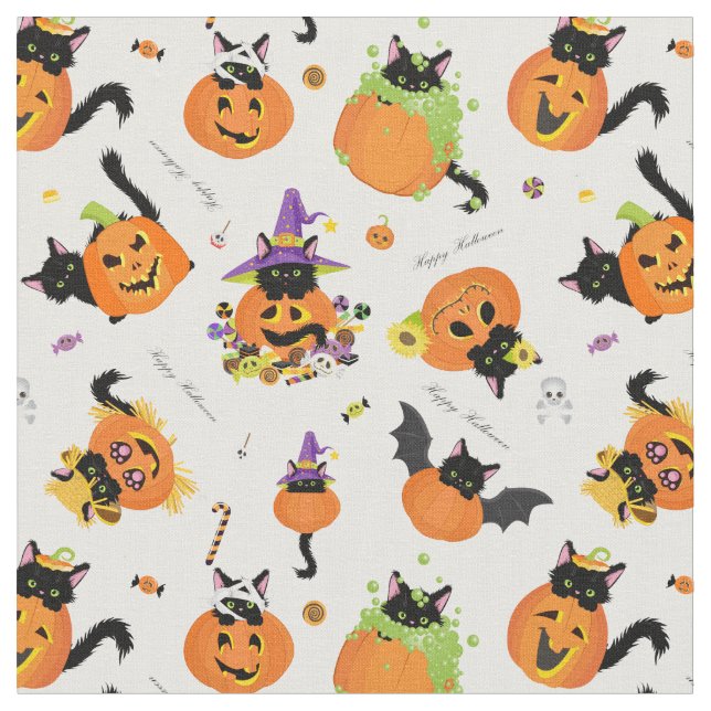 Niedlich Halloween Black Cat Pumpkin Stoff (Nahaufnahme)