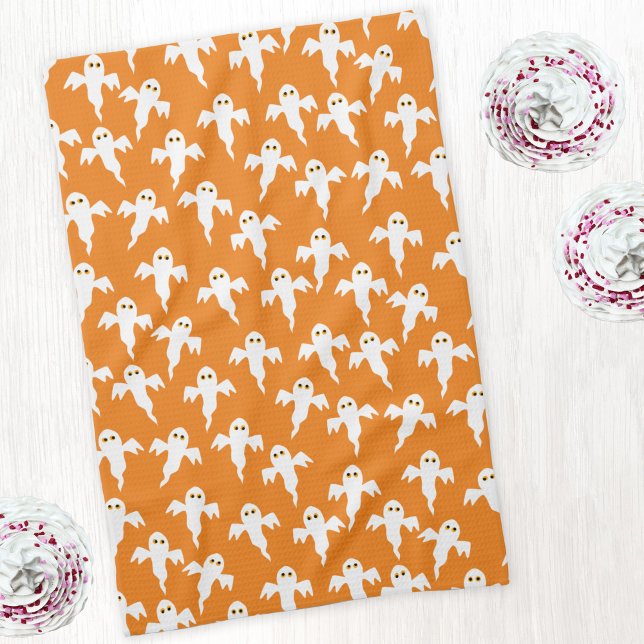 Niedlich Halloween Ghost Orange Geschirrtuch (Cute ghosts orange art kitchen tea towel)