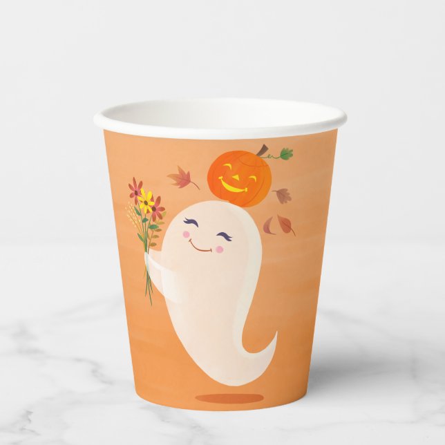 Niedlich Halloween Ghost Orange Pappbecher (Vorderseite)