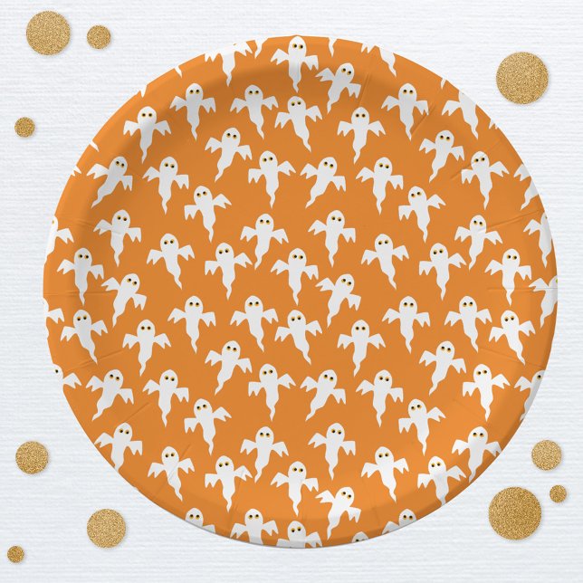Niedlich Halloween Ghost Orange Pappteller (Fun ghost pattern orange paper plates for Halloween)