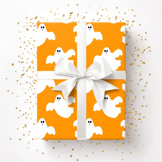 Niedlich Halloween Ghost Patter Orange Geschenkpapier (Cute Halloween Ghost Patter Orange Wrapping Paper)