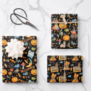 Niedlich Halloween   Hexen Pumpkins Geister Spuk Geschenkpapier Set