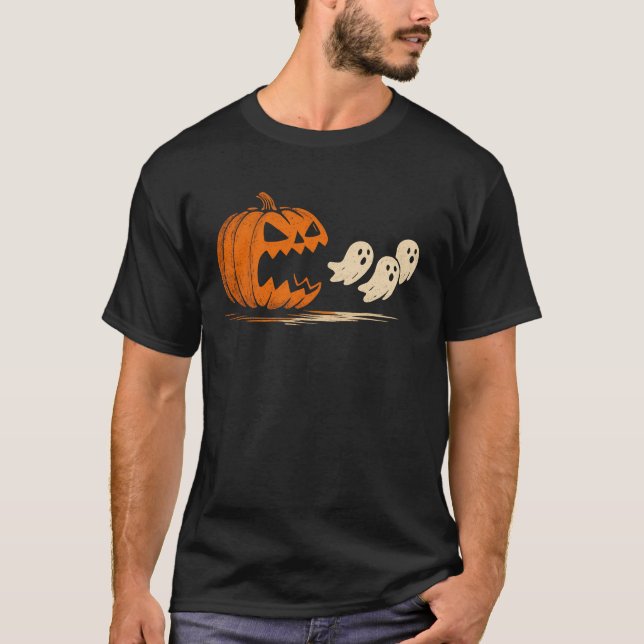 Niedlich Halloween Pumpkin Eats Ghosts Funny Gamer T-Shirt (Vorderseite)